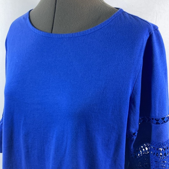 Rebecca Malone Top Women Size Large Blue 100% Cotton Soft Crocheted Sleeves - Picture 4 of 8